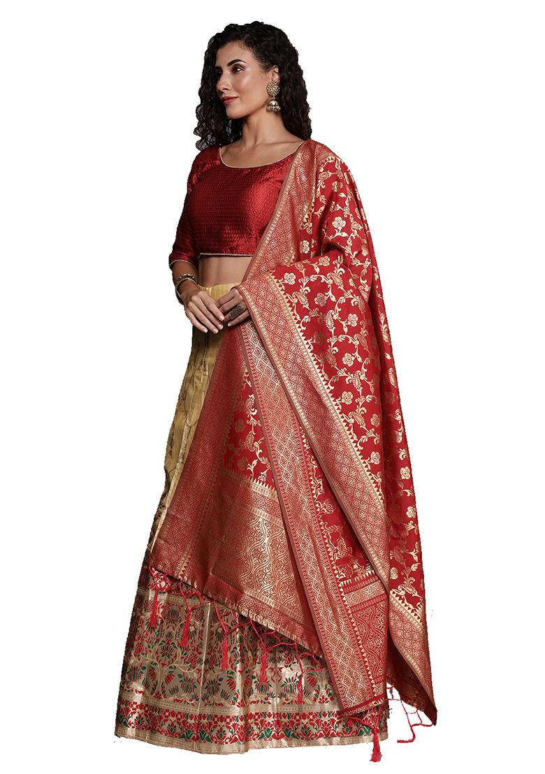 Beige Woven Banarasi Silk Lehenga Set