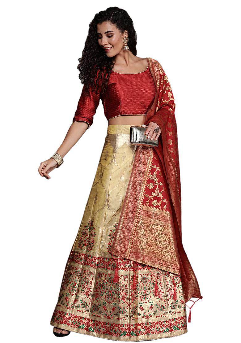 Beige Woven Banarasi Silk Lehenga Set