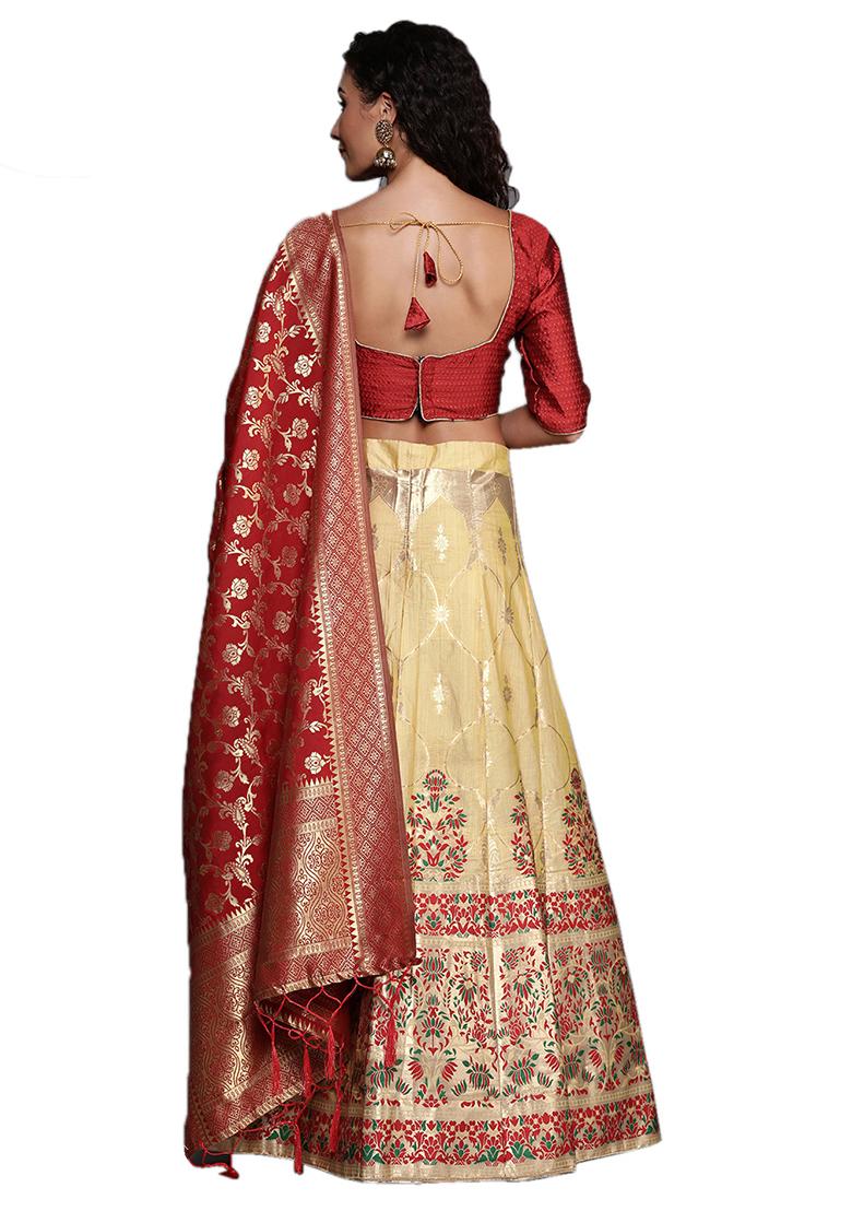 Beige Woven Banarasi Silk Lehenga Set