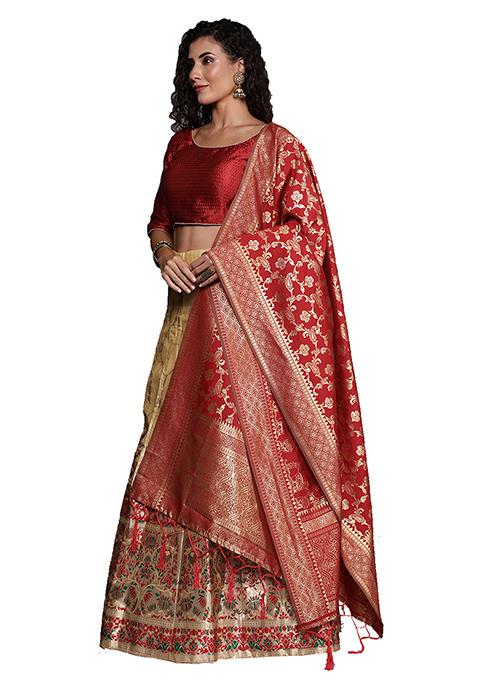 Beige Woven Banarasi Silk Lehenga Set