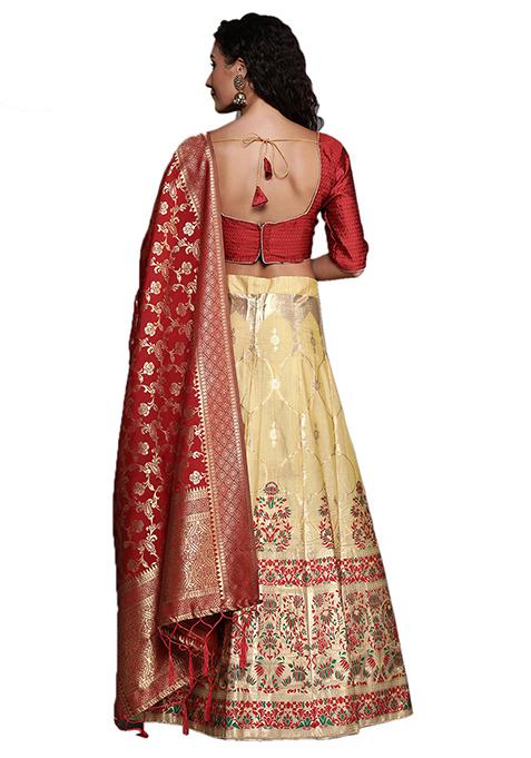 Beige Woven Banarasi Silk Lehenga Set