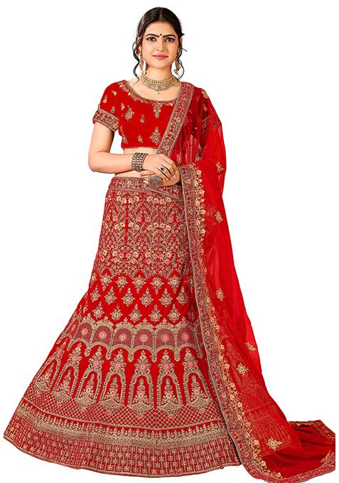 Red Zari Embroidered Velvet Lehenga Set