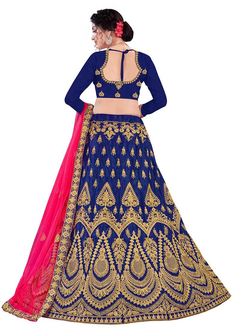 Blue Zari Embroidered Satin Silk Lehenga Set - Indya