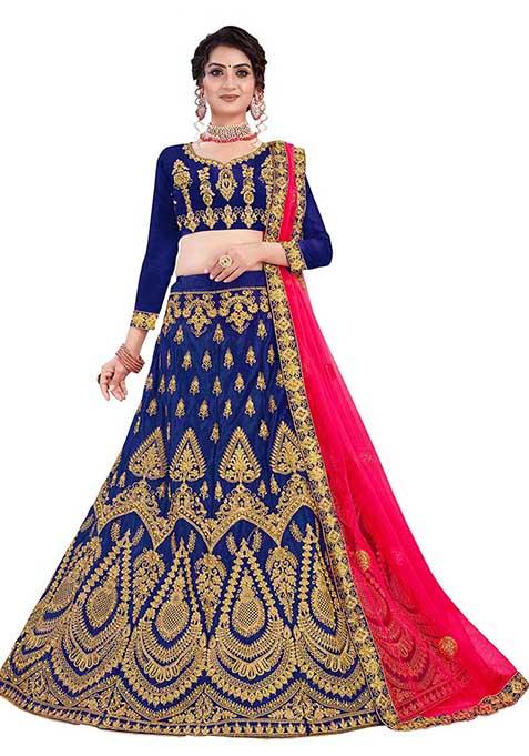 Blue Zari Embroidered Satin Silk Lehenga Set