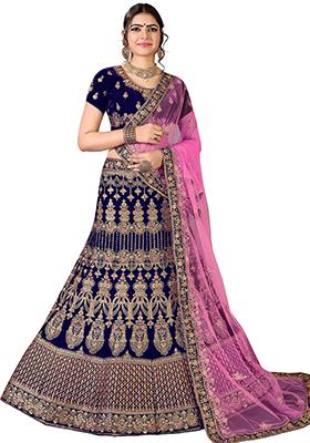 Blue Zari Embroidered Velvet Lehenga Set