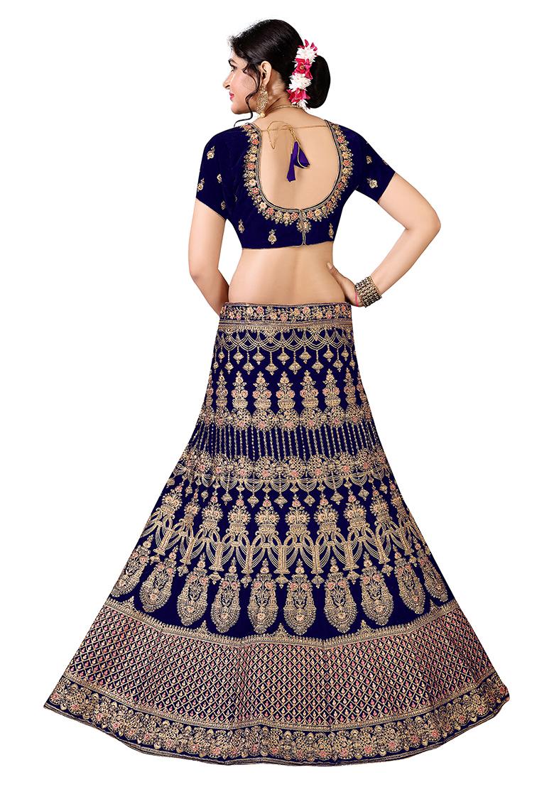 Blue Zari Embroidered Velvet Lehenga Set - Indya