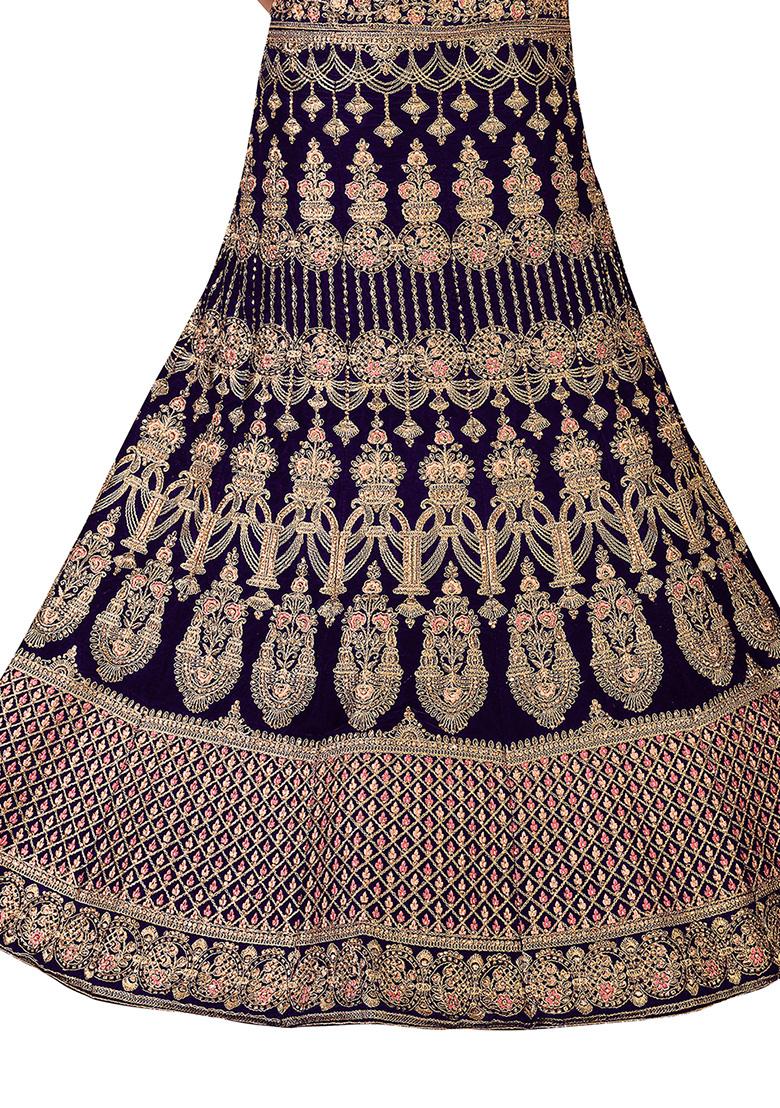 Blue Zari Embroidered Velvet Lehenga Set - Indya