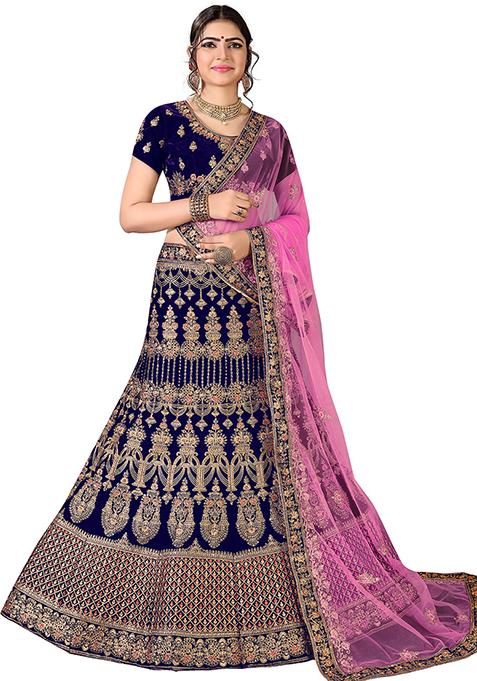 Blue Zari Embroidered Velvet Lehenga Set