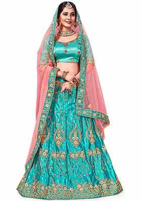 Blue Zari Embroidered Satin Silk Lehenga Set