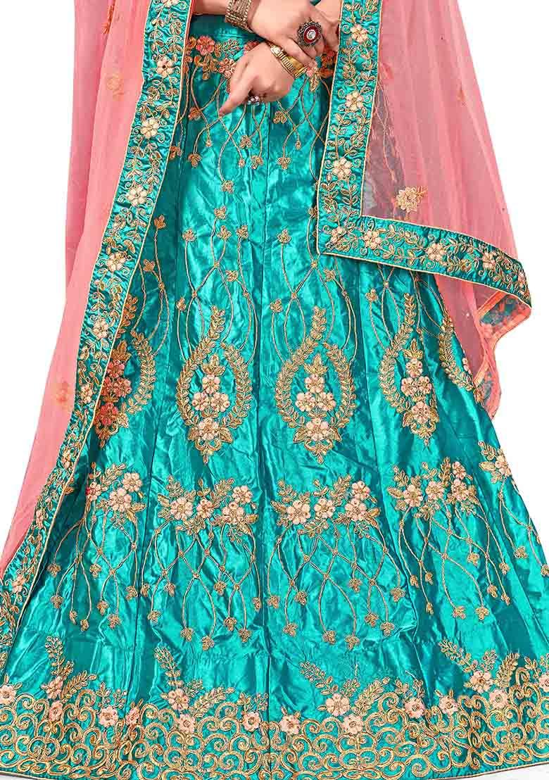 Blue Zari Embroidered Satin Silk Lehenga Set - Indya