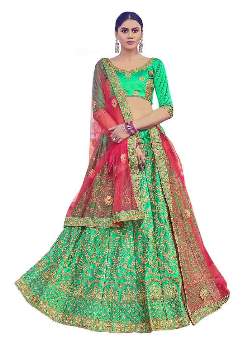 Green Embroidered Satin Silk Lehenga Set