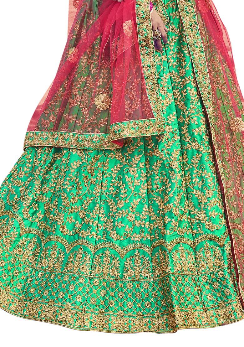 Green Embroidered Satin Silk Lehenga Set