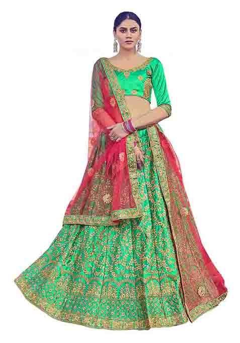 Green Embroidered Satin Silk Lehenga Set