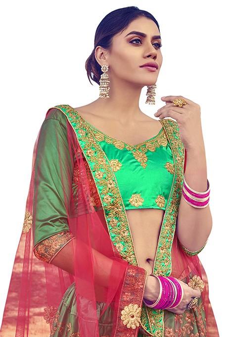 Green Embroidered Satin Silk Lehenga Set