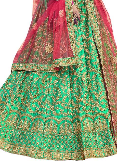 Green Embroidered Satin Silk Lehenga Set