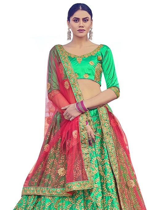Green Embroidered Satin Silk Lehenga Set