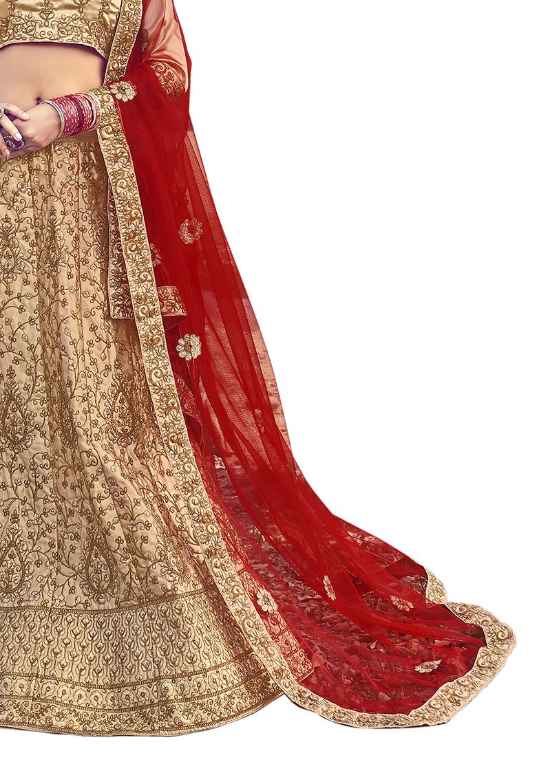 Beige Embroidered Satin Silk Lehenga Set