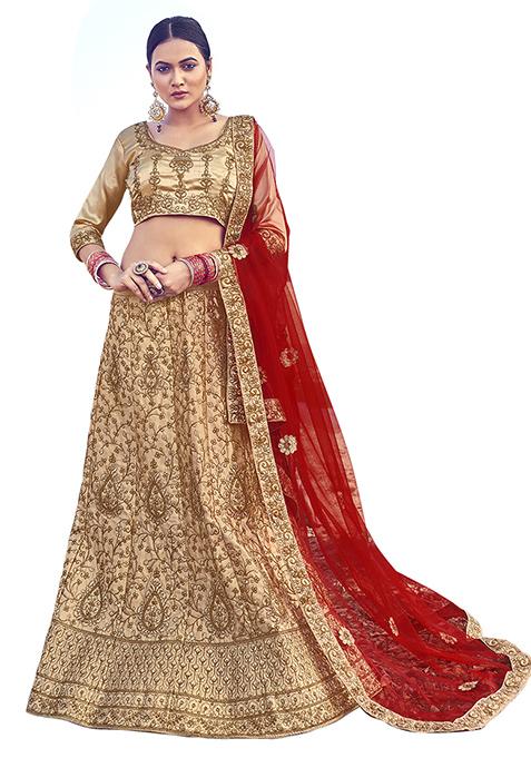 Beige Embroidered Satin Silk Lehenga Set