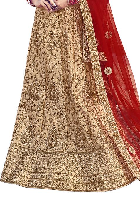 Beige Embroidered Satin Silk Lehenga Set