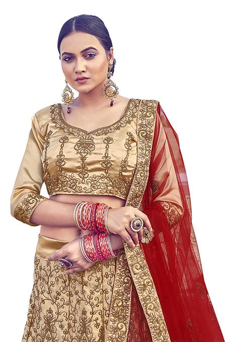 Beige Embroidered Satin Silk Lehenga Set