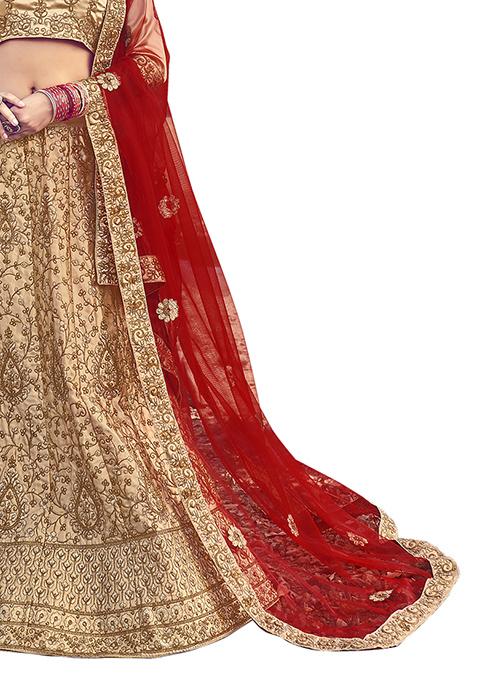 Beige Embroidered Satin Silk Lehenga Set