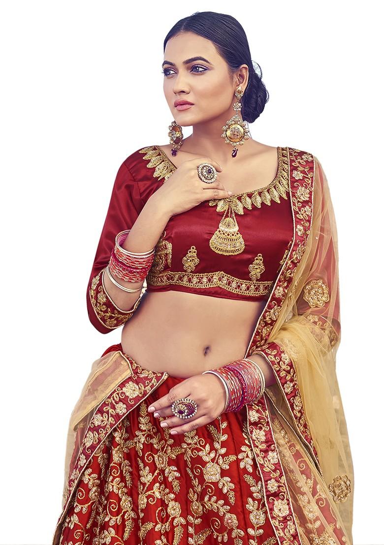 Maroon Embroidered Satin Silk Lehenga Set