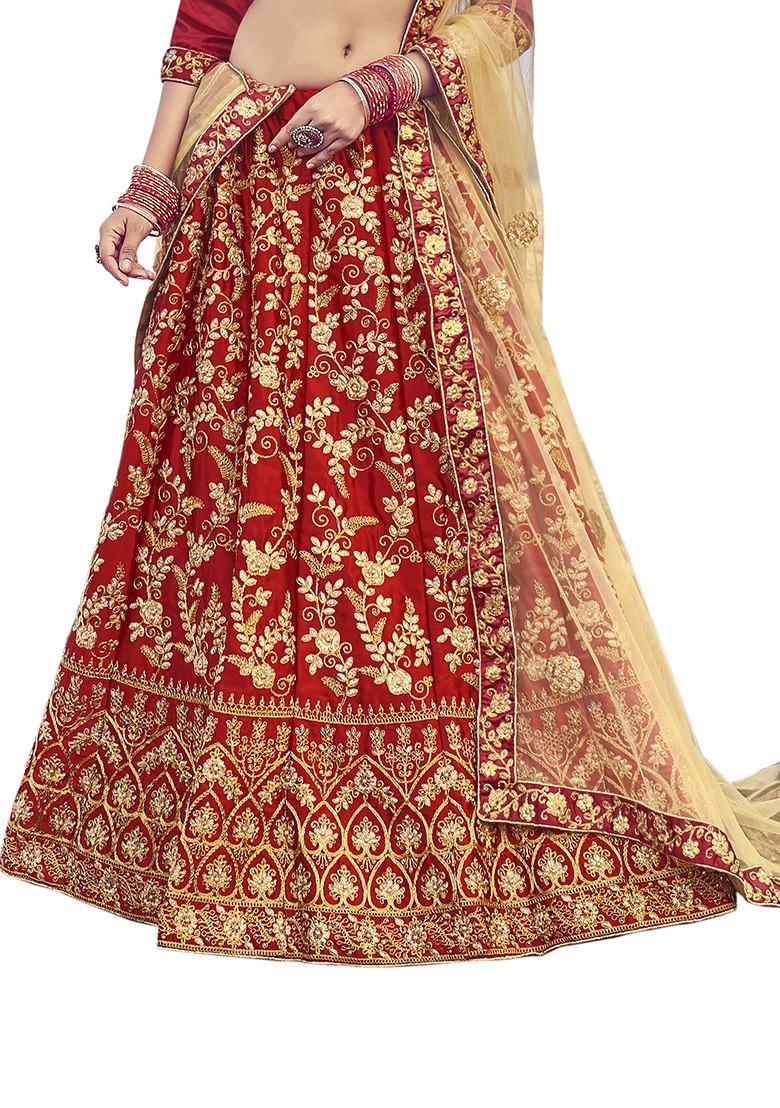 Maroon Embroidered Satin Silk Lehenga Set