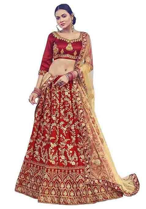 Maroon Embroidered Satin Silk Lehenga Set