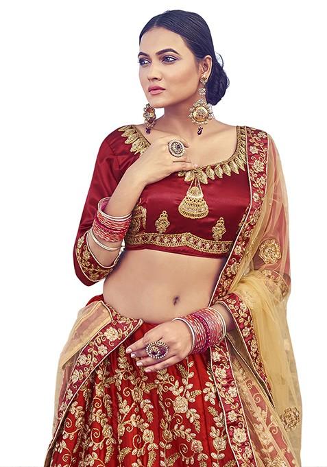 Maroon Embroidered Satin Silk Lehenga Set