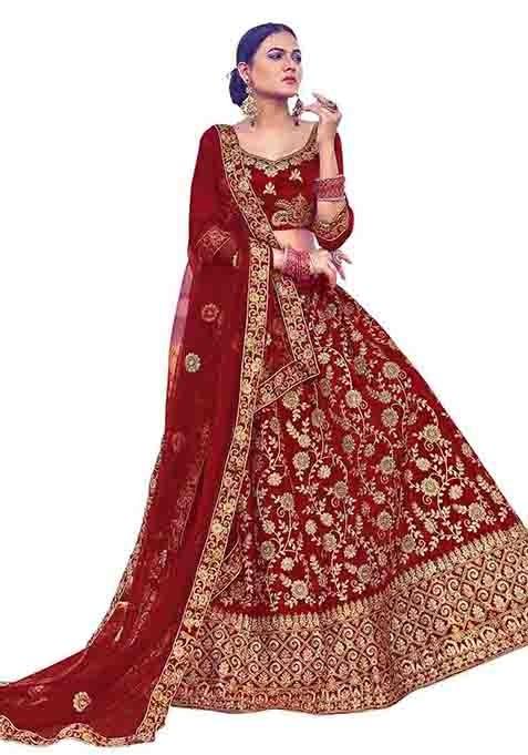 Maroon Embroidered Satin Silk Lehenga Set