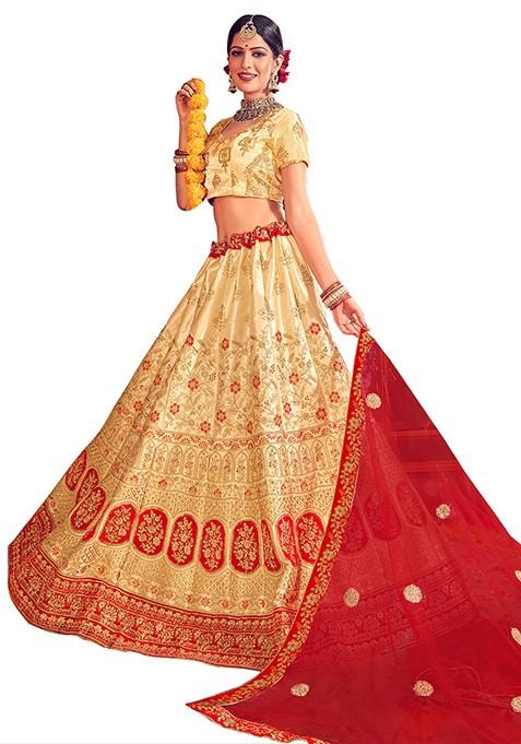 Beige Embroidered Satin Silk Lehenga Set