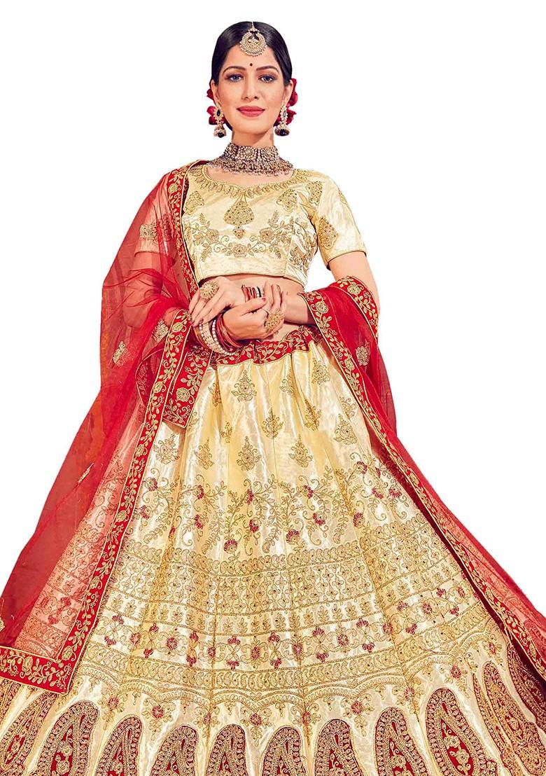 Beige Embroidered Satin Silk Lehenga Set
