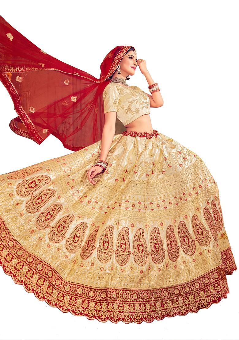 Beige Embroidered Satin Silk Lehenga Set