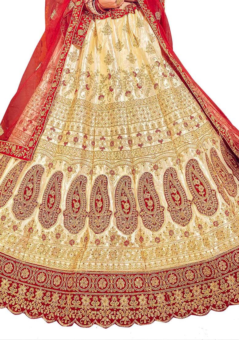 Beige Embroidered Satin Silk Lehenga Set
