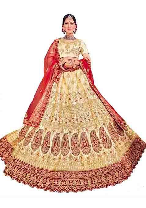 Beige Embroidered Satin Silk Lehenga Set