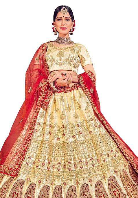 Beige Embroidered Satin Silk Lehenga Set