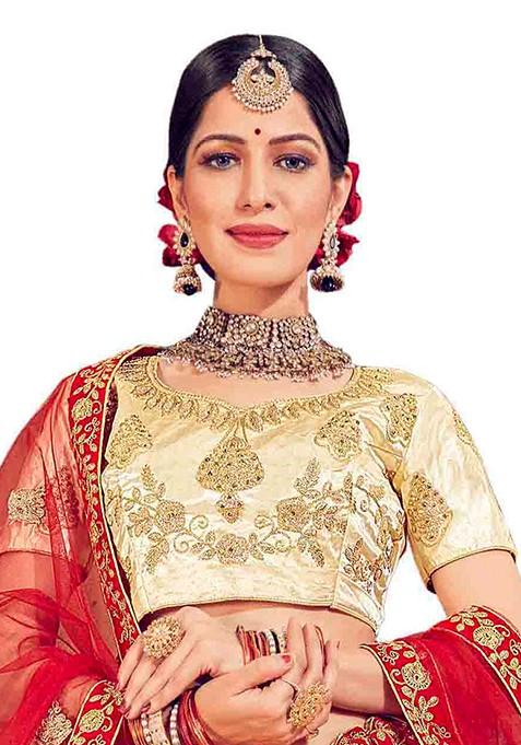 Beige Embroidered Satin Silk Lehenga Set