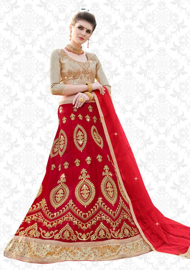 Red Embroidered Net Lehenga Set
