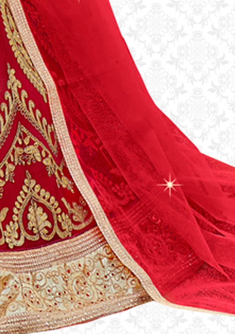 Red Embroidered Net Lehenga Set