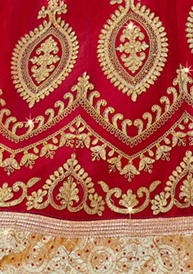 Red Embroidered Net Lehenga Set
