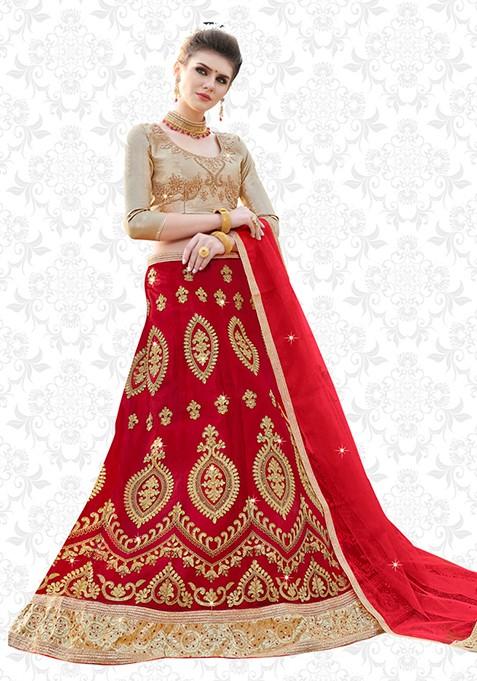 Red Embroidered Net Lehenga Set