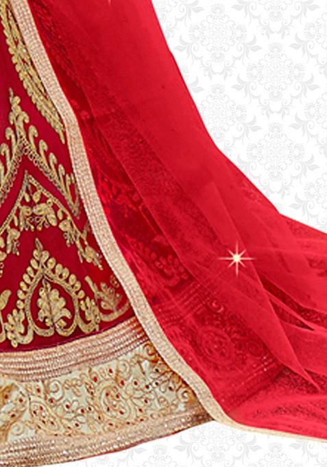 Red Embroidered Net Lehenga Set