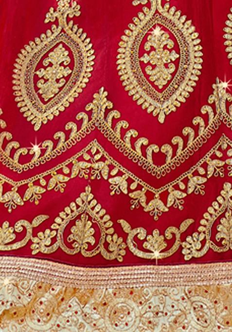 Red Embroidered Net Lehenga Set