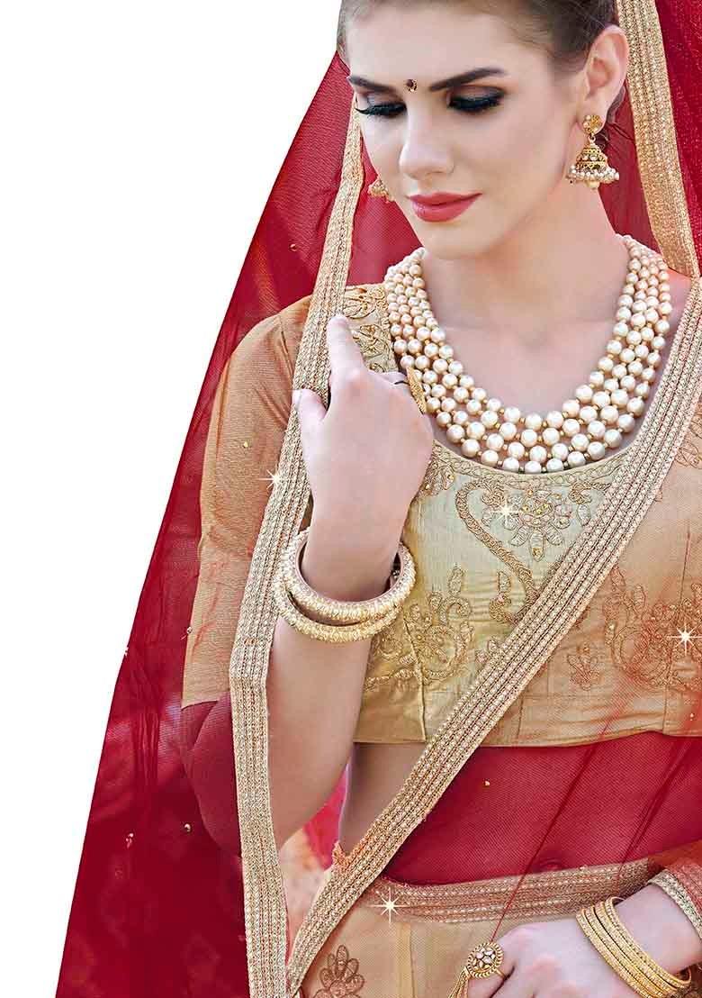 Beige Embroidered Net Lehenga Set - Indya