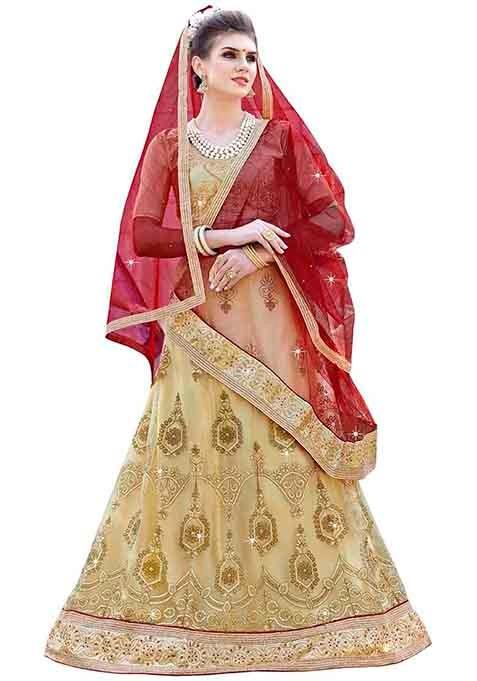 Beige Embroidered Net Lehenga Set