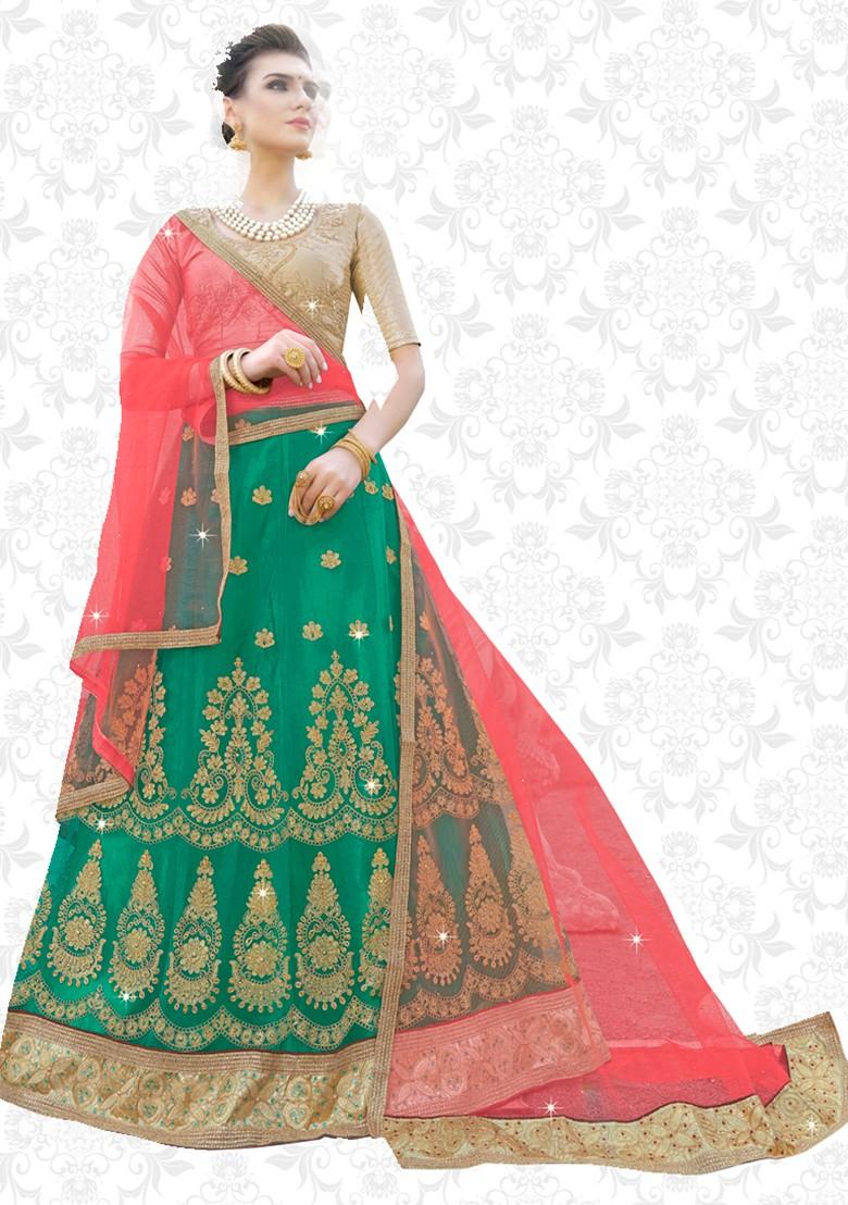 Green Embroidered Net Lehenga Set