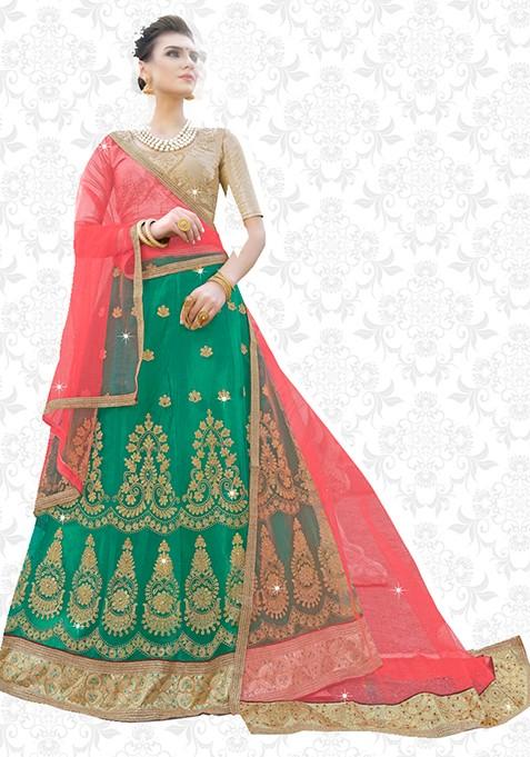 Green Embroidered Net Lehenga Set