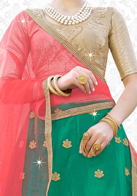 Green Embroidered Net Lehenga Set