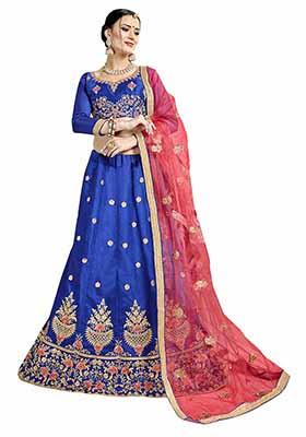 Blue Embroidered Bangalori Silk Lehenga Set
