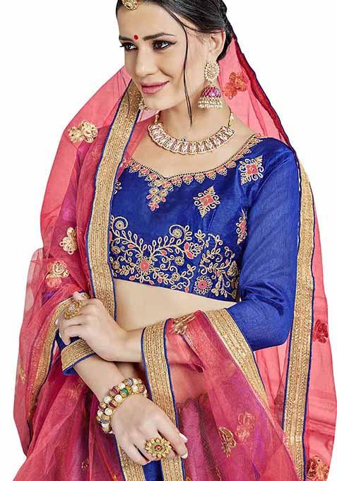 Blue Embroidered Bangalori Silk Lehenga Set